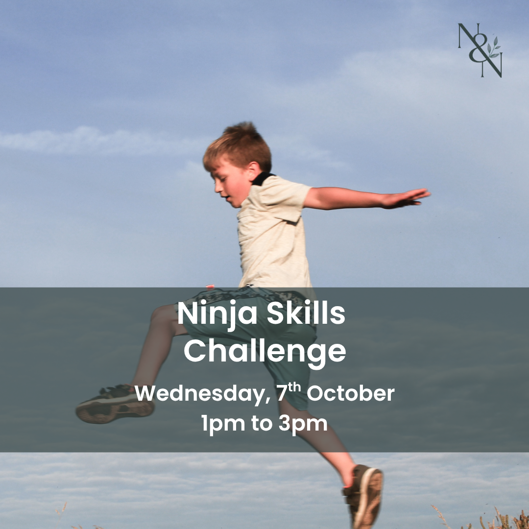 Child jumping mid-air during a gymnastics-style Ninja Skills Challenge outdoors under a blue sky, with a Nature & Nurture watermark.