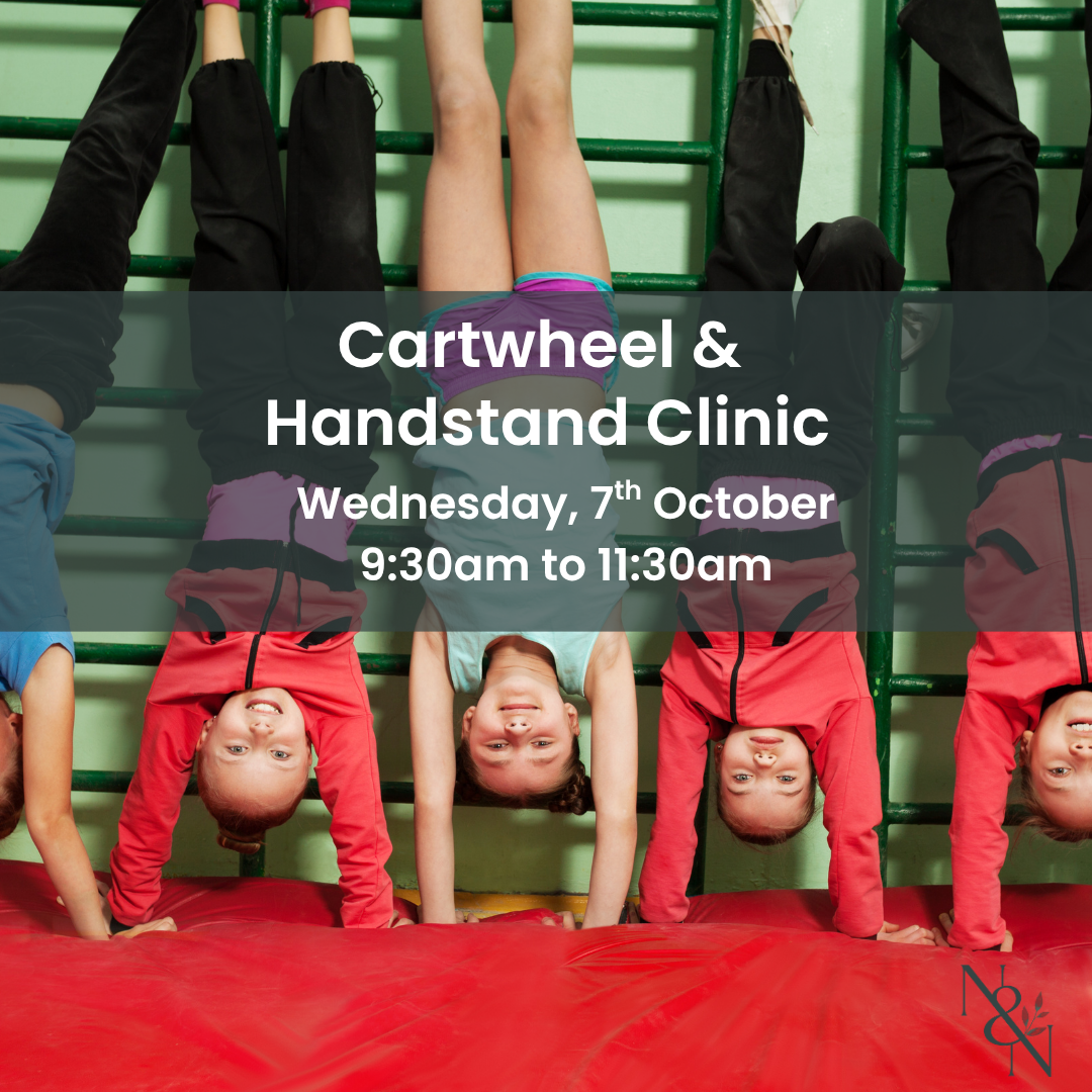 Child performing a cartwheel/handstand in a gym-like setting with green bars; overlay text reads 'Cartwheel & Handstand Clinic' and a Nature & Nurture watermark.