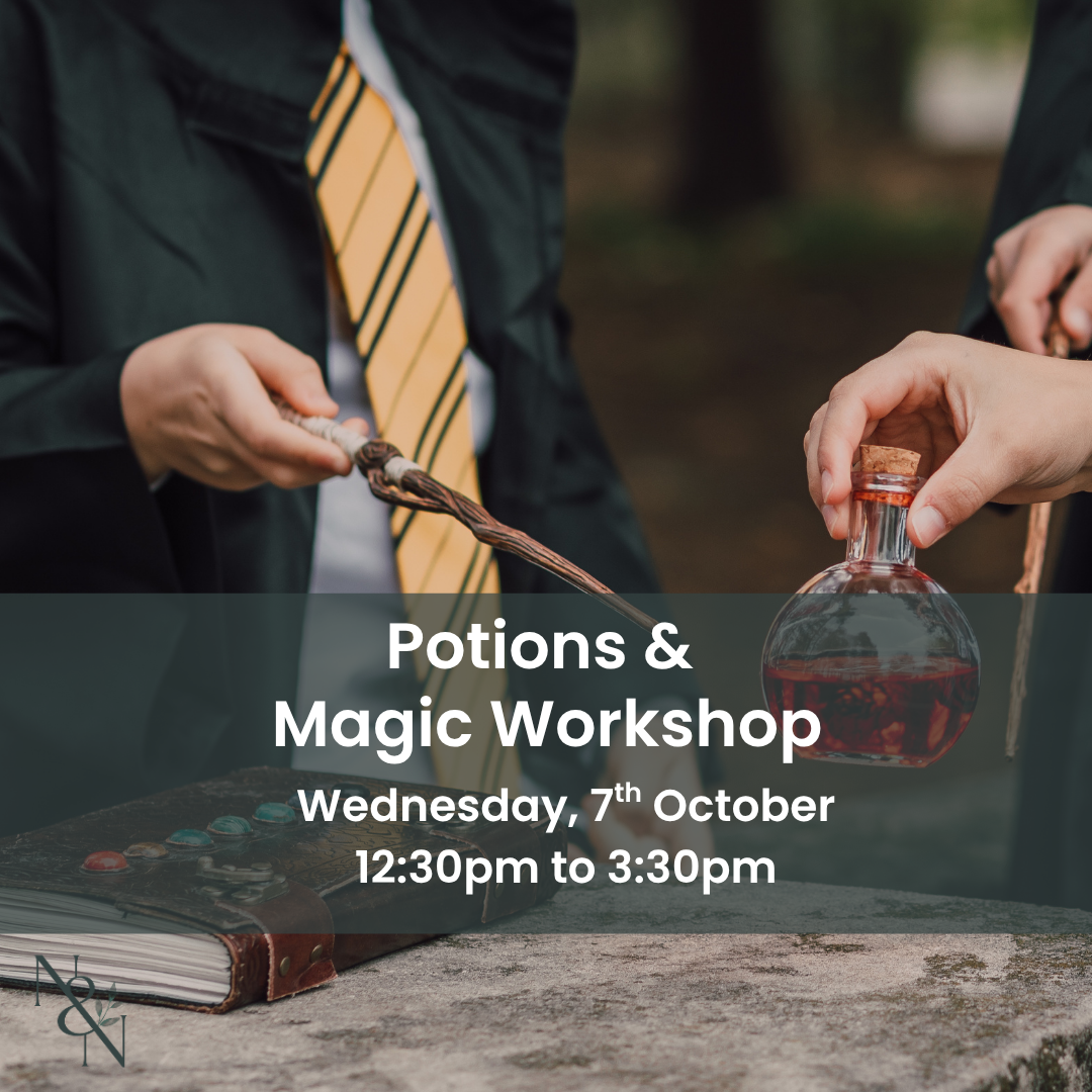 Promotional graphic for a 'Potions & Magic Workshop' on Wednesday, 7th October from 12:30pm to 3:30pm. The image shows a close-up of a person in a dark robe holding a wooden wand, with another person holding a small glass bottle containing reddish liquid.