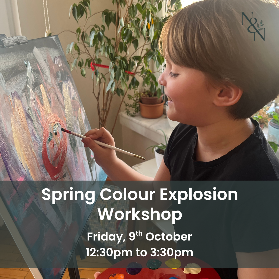 Child painting on a large canvas in a bright indoor studio; banner text reads 'Spring Colour Explosion Workshop' with a Nature & Nurture watermark.